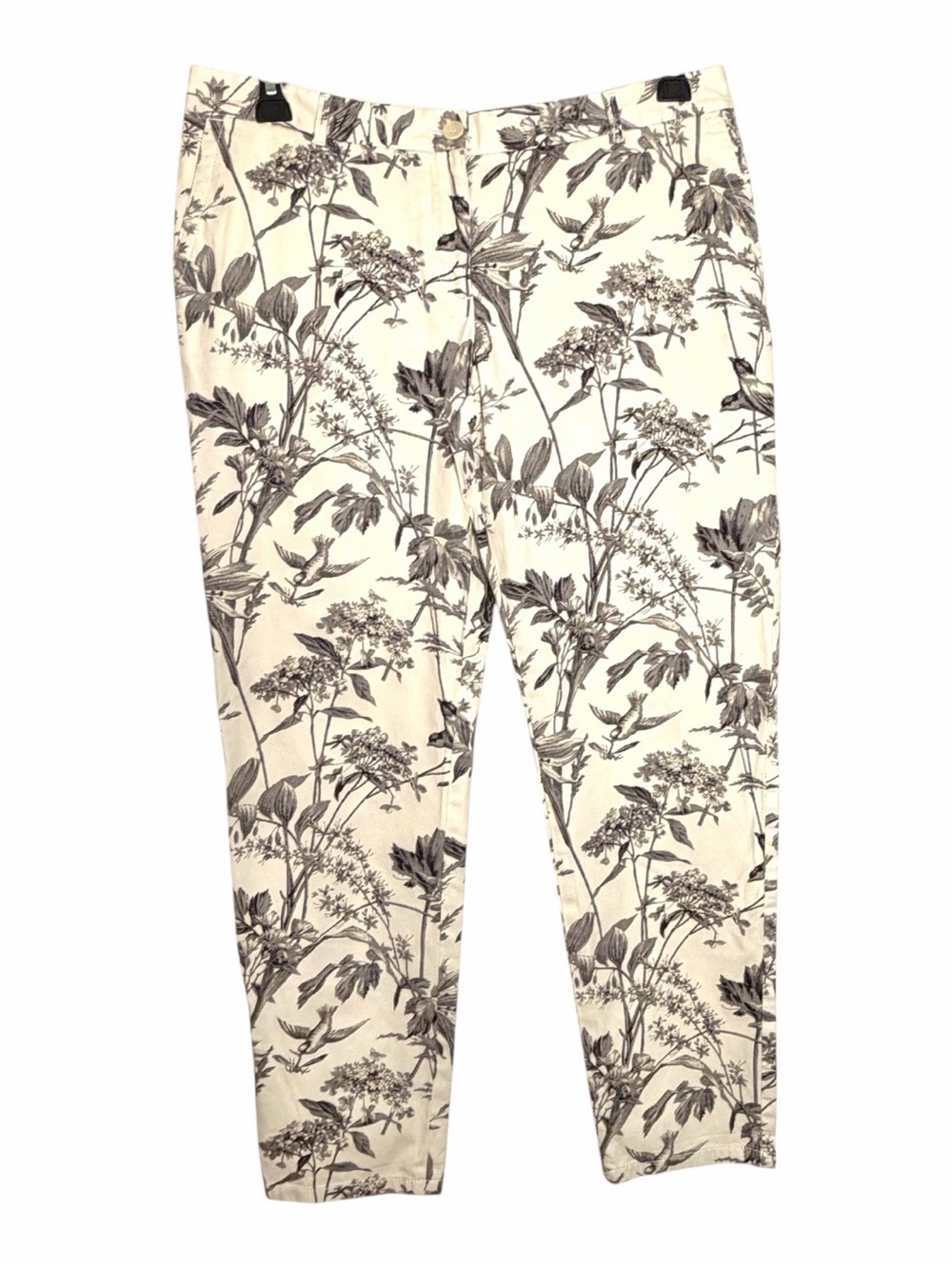 Talbots The Weekender Novelty Birds Floral Leaf Cream Gray Ankle Pants Womens 10
